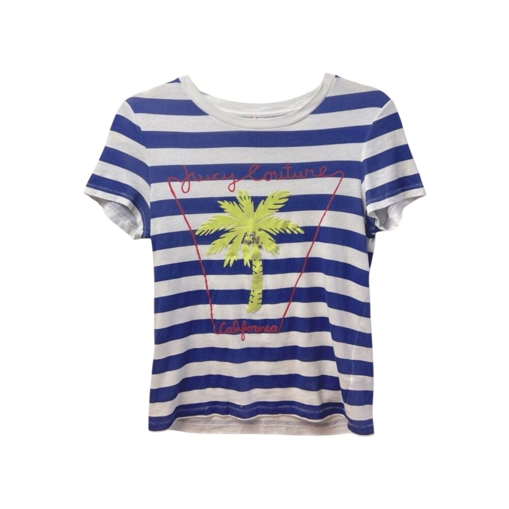 Juicy Couture Y2K Stripe Nautical Palm Tree Rhinestone Graphic Tee Blue White XS